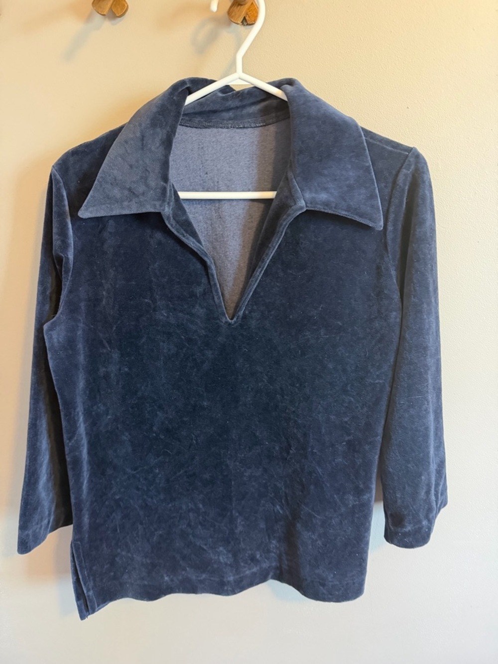 Vintage Velour Navy Top Collared Split Neck 70s Surf Style 90s Retro Coastal S